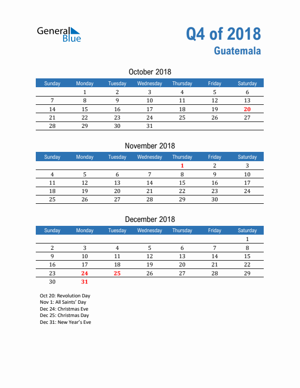 Guatemala Q4 2018 Quarterly Calendar with Sunday Start