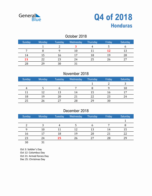 Honduras Q4 2018 Quarterly Calendar with Sunday Start