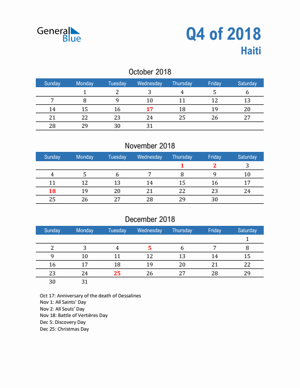 Haiti Q4 2018 Quarterly Calendar with Sunday Start