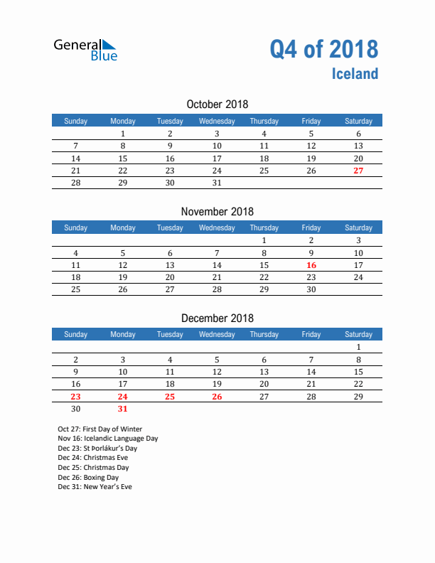 Iceland Q4 2018 Quarterly Calendar with Sunday Start