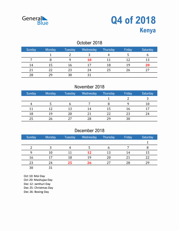 Kenya Q4 2018 Quarterly Calendar with Sunday Start