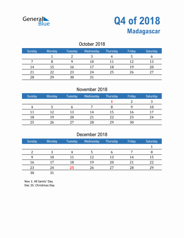 Madagascar Q4 2018 Quarterly Calendar with Sunday Start