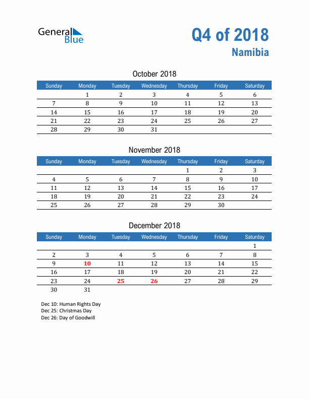 Namibia Q4 2018 Quarterly Calendar with Sunday Start