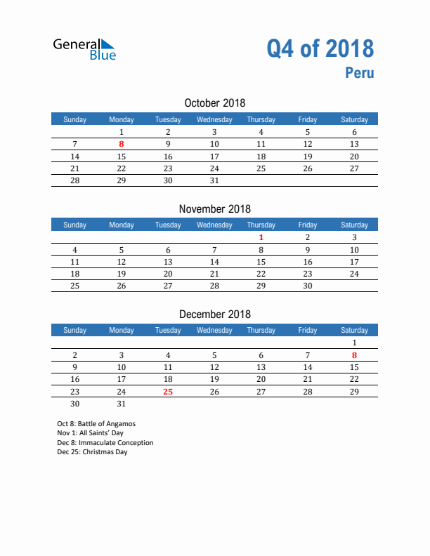 Peru Q4 2018 Quarterly Calendar with Sunday Start