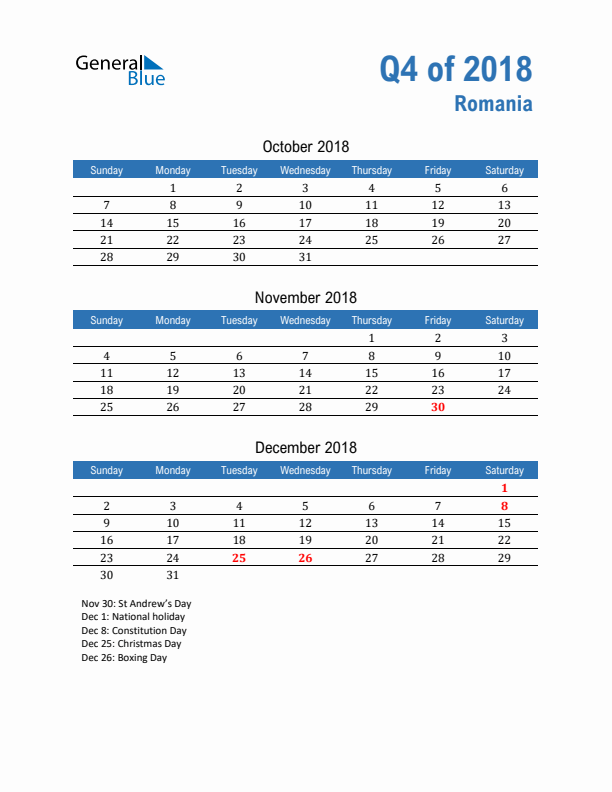 Romania Q4 2018 Quarterly Calendar with Sunday Start