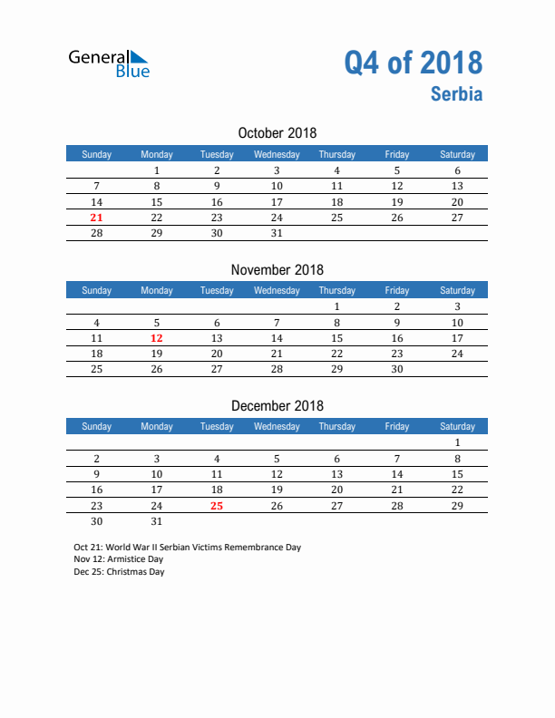 Serbia Q4 2018 Quarterly Calendar with Sunday Start