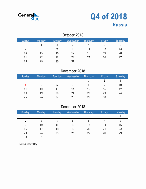 Russia Q4 2018 Quarterly Calendar with Sunday Start