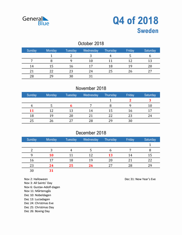 Sweden Q4 2018 Quarterly Calendar with Sunday Start