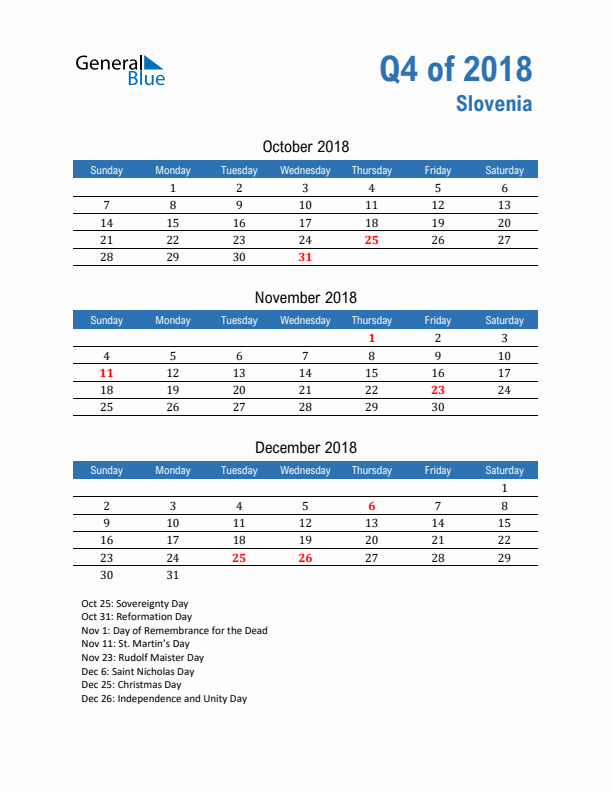 Slovenia Q4 2018 Quarterly Calendar with Sunday Start