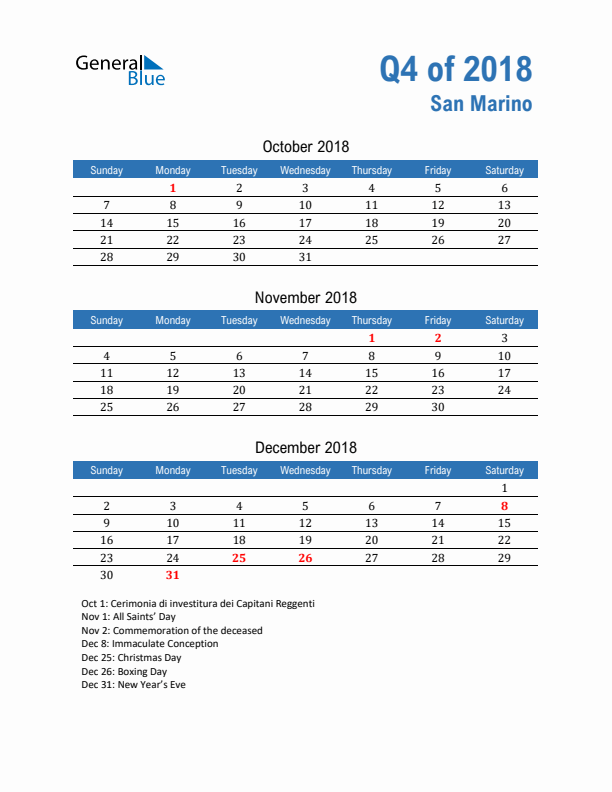 San Marino Q4 2018 Quarterly Calendar with Sunday Start