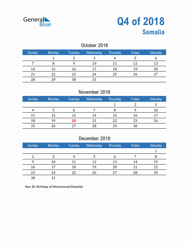 Somalia Q4 2018 Quarterly Calendar with Sunday Start