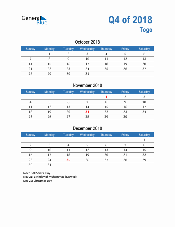 Togo Q4 2018 Quarterly Calendar with Sunday Start