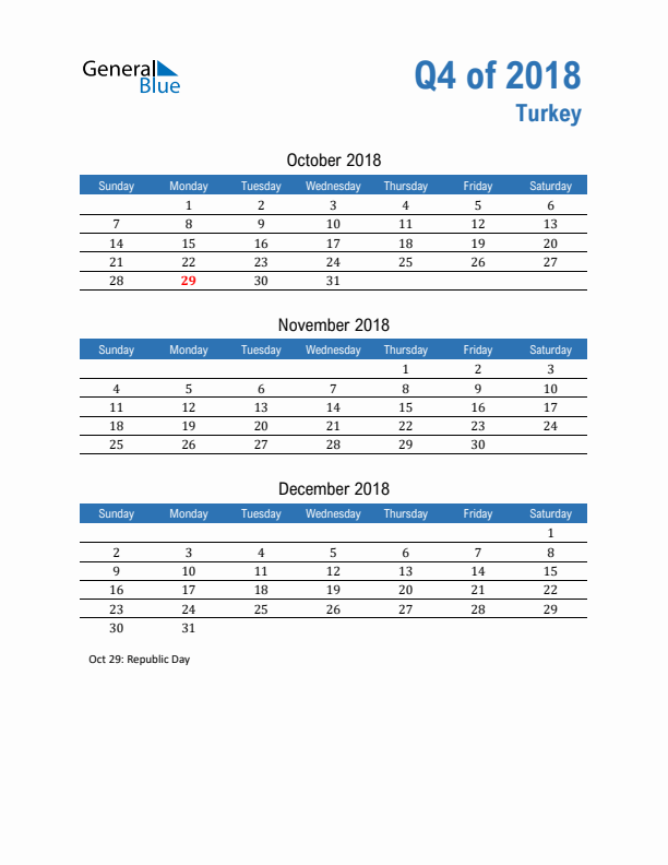 Turkey Q4 2018 Quarterly Calendar with Sunday Start