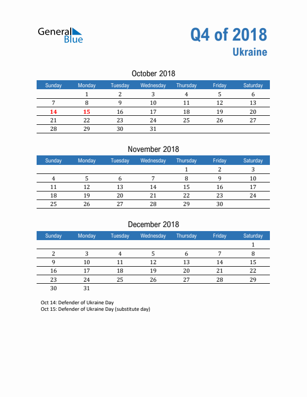 Ukraine Q4 2018 Quarterly Calendar with Sunday Start