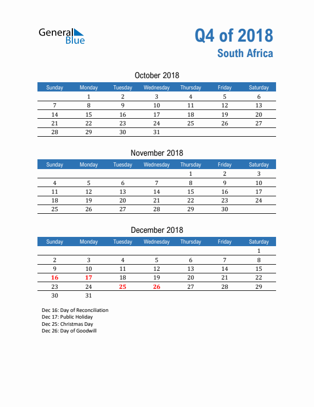 South Africa Q4 2018 Quarterly Calendar with Sunday Start