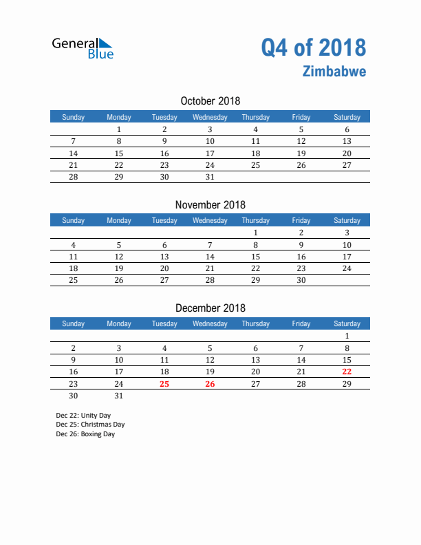 Zimbabwe Q4 2018 Quarterly Calendar with Sunday Start