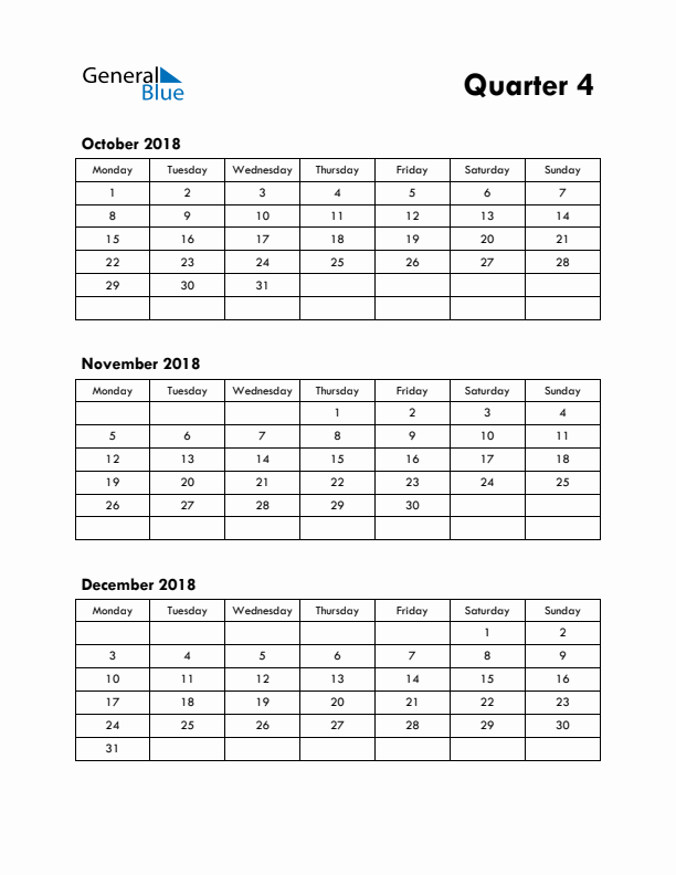 Quarter 4 2018 Calendar - Monday Start