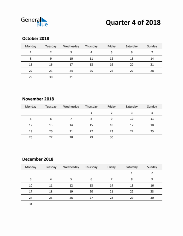 2018 Three-Month Calendar (Quarter 4)