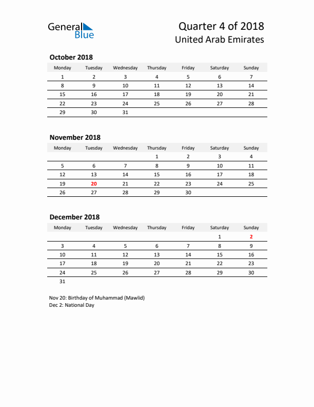 2018 Q4 Three-Month Calendar for United Arab Emirates