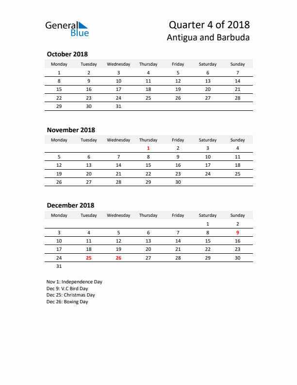 2018 Q4 Three-Month Calendar for Antigua and Barbuda