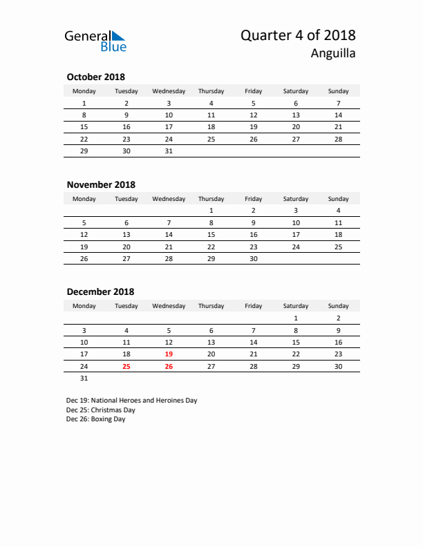 2018 Q4 Three-Month Calendar for Anguilla