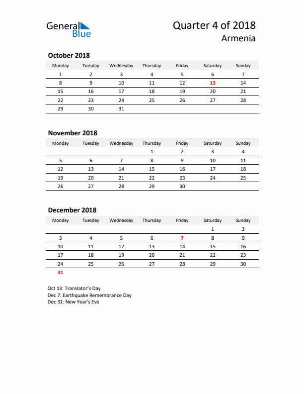 2018 Q4 Three-Month Calendar for Armenia