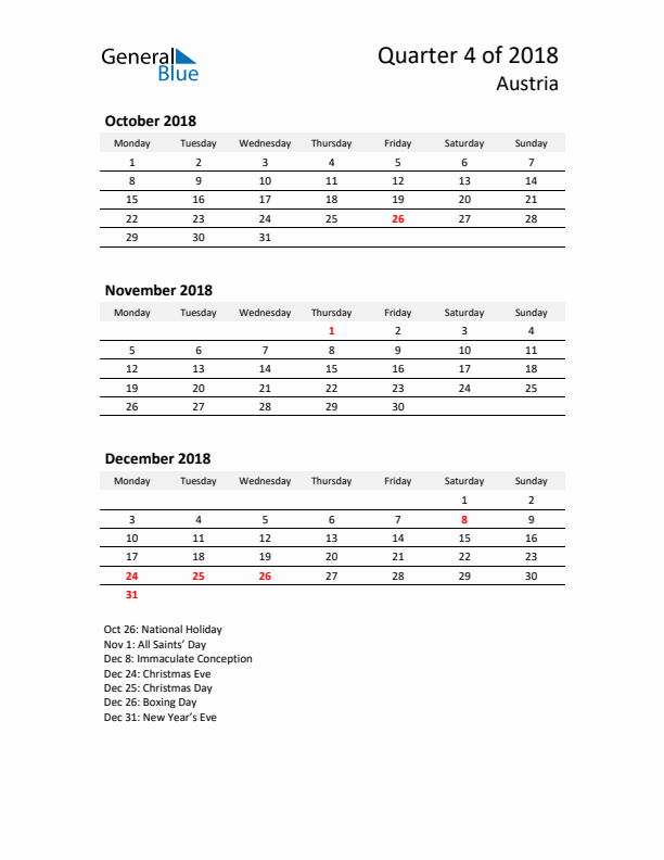 2018 Q4 Three-Month Calendar for Austria