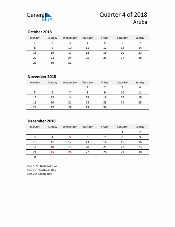 2018 Q4 Three-Month Calendar for Aruba