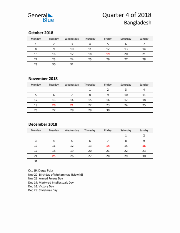 2018 Q4 Three-Month Calendar for Bangladesh