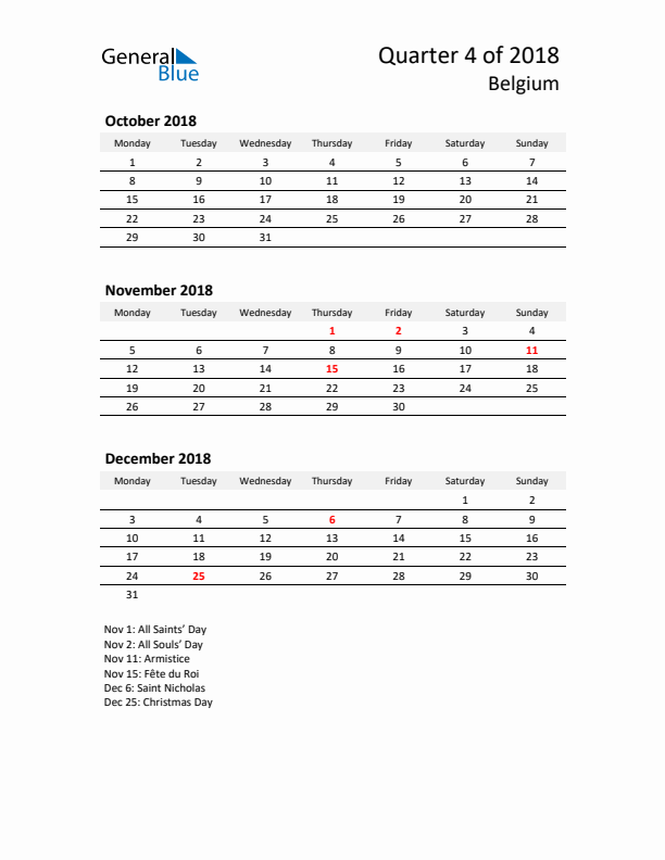 2018 Q4 Three-Month Calendar for Belgium