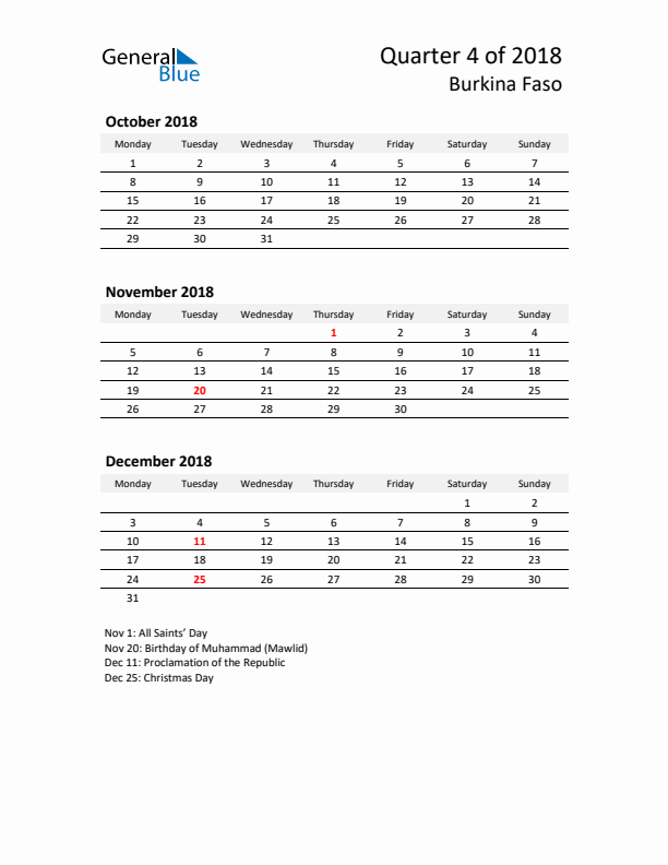 2018 Q4 Three-Month Calendar for Burkina Faso