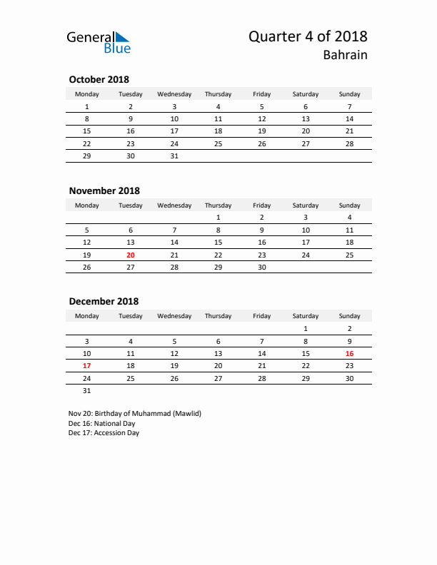 2018 Q4 Three-Month Calendar for Bahrain