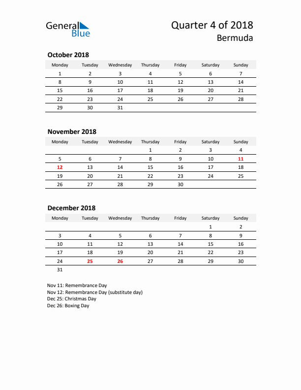 2018 Q4 Three-Month Calendar for Bermuda