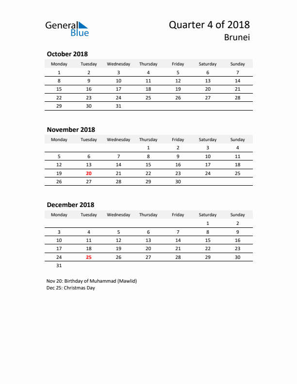 2018 Q4 Three-Month Calendar for Brunei