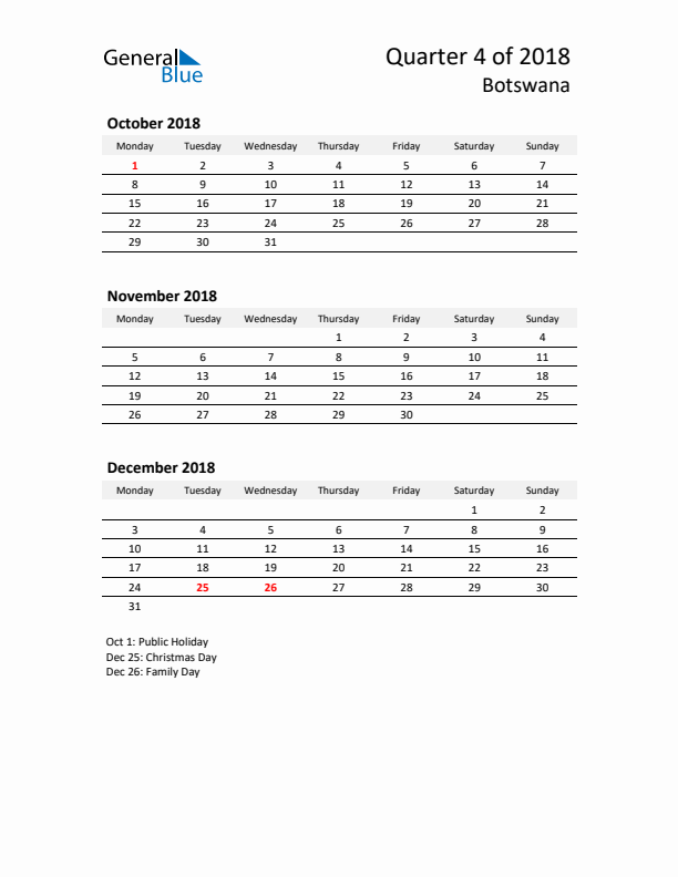 2018 Q4 Three-Month Calendar for Botswana