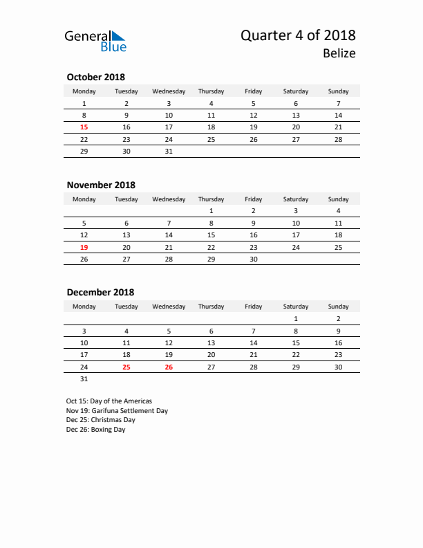 2018 Q4 Three-Month Calendar for Belize