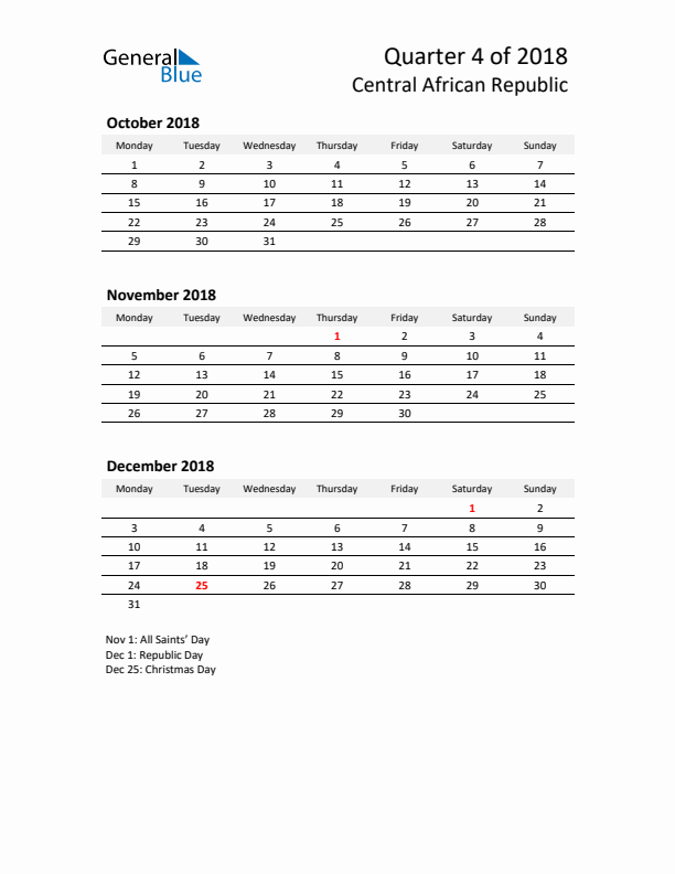 2018 Q4 Three-Month Calendar for Central African Republic