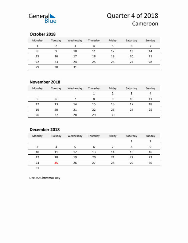 2018 Q4 Three-Month Calendar for Cameroon