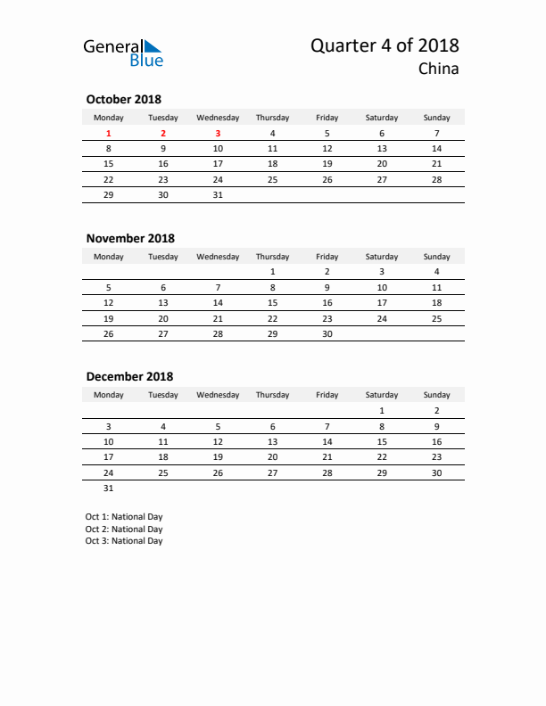 2018 Q4 Three-Month Calendar for China