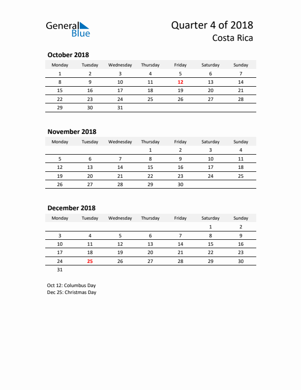 2018 Q4 Three-Month Calendar for Costa Rica