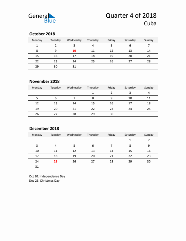 2018 Q4 Three-Month Calendar for Cuba