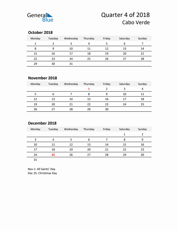 2018 Q4 Three-Month Calendar for Cabo Verde