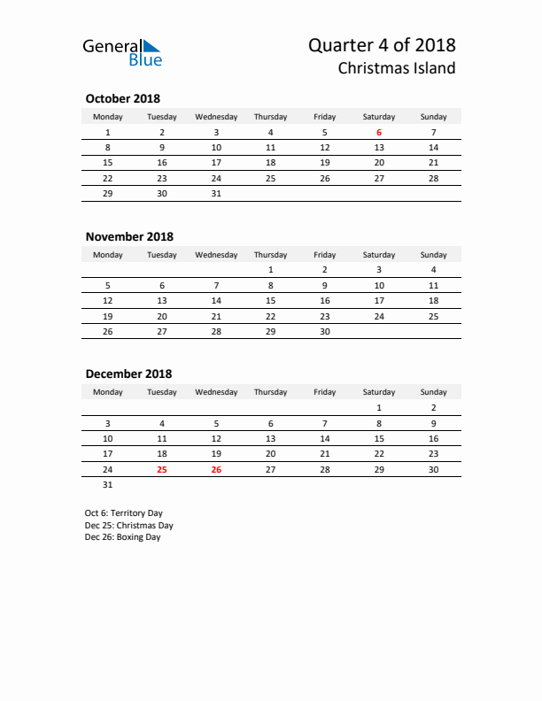 2018 Q4 Three-Month Calendar for Christmas Island