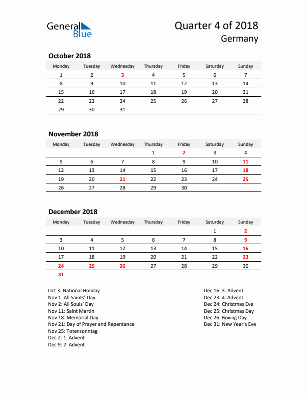 2018 Q4 Three-Month Calendar for Germany