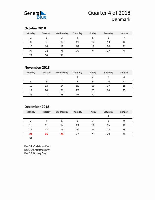 2018 Q4 Three-Month Calendar for Denmark