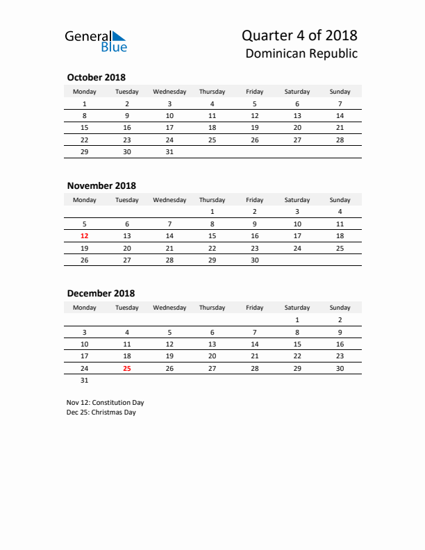 2018 Q4 Three-Month Calendar for Dominican Republic