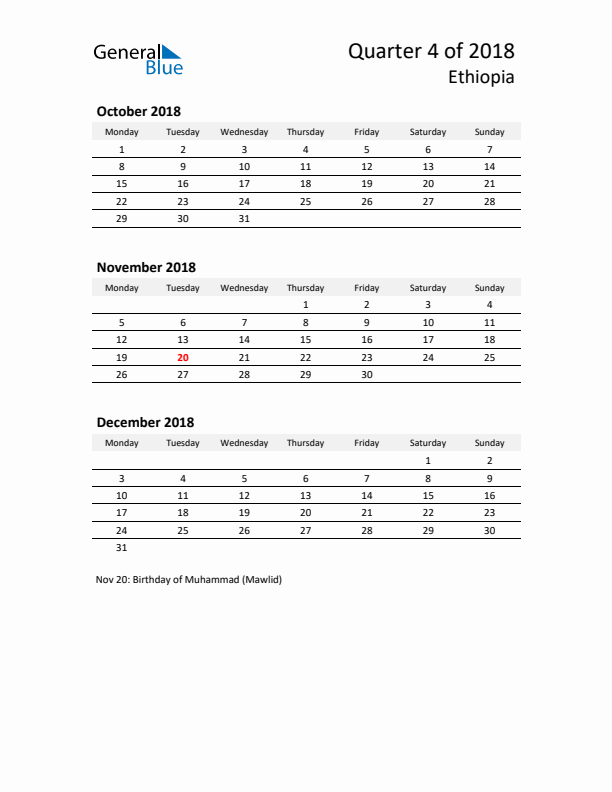 2018 Q4 Three-Month Calendar for Ethiopia