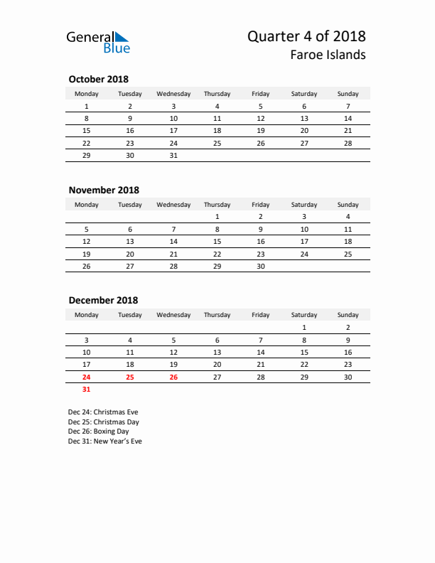 2018 Q4 Three-Month Calendar for Faroe Islands