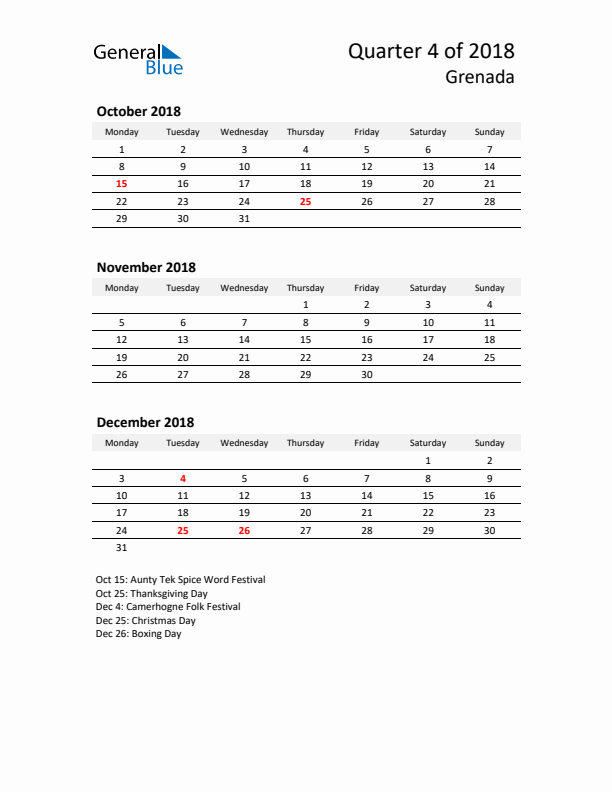 2018 Q4 Three-Month Calendar for Grenada