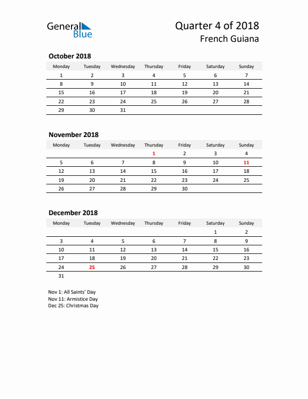 2018 Q4 Three-Month Calendar for French Guiana